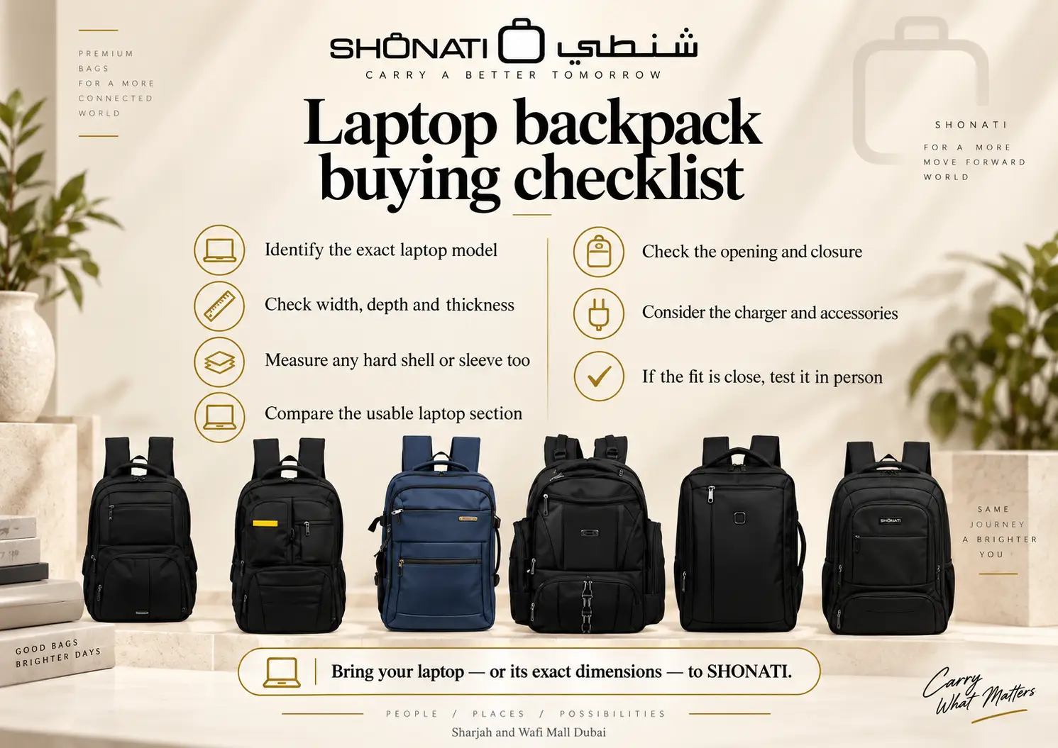 Laptop backpack buying checklist covering laptop dimensions compartment opening charger and fit testing