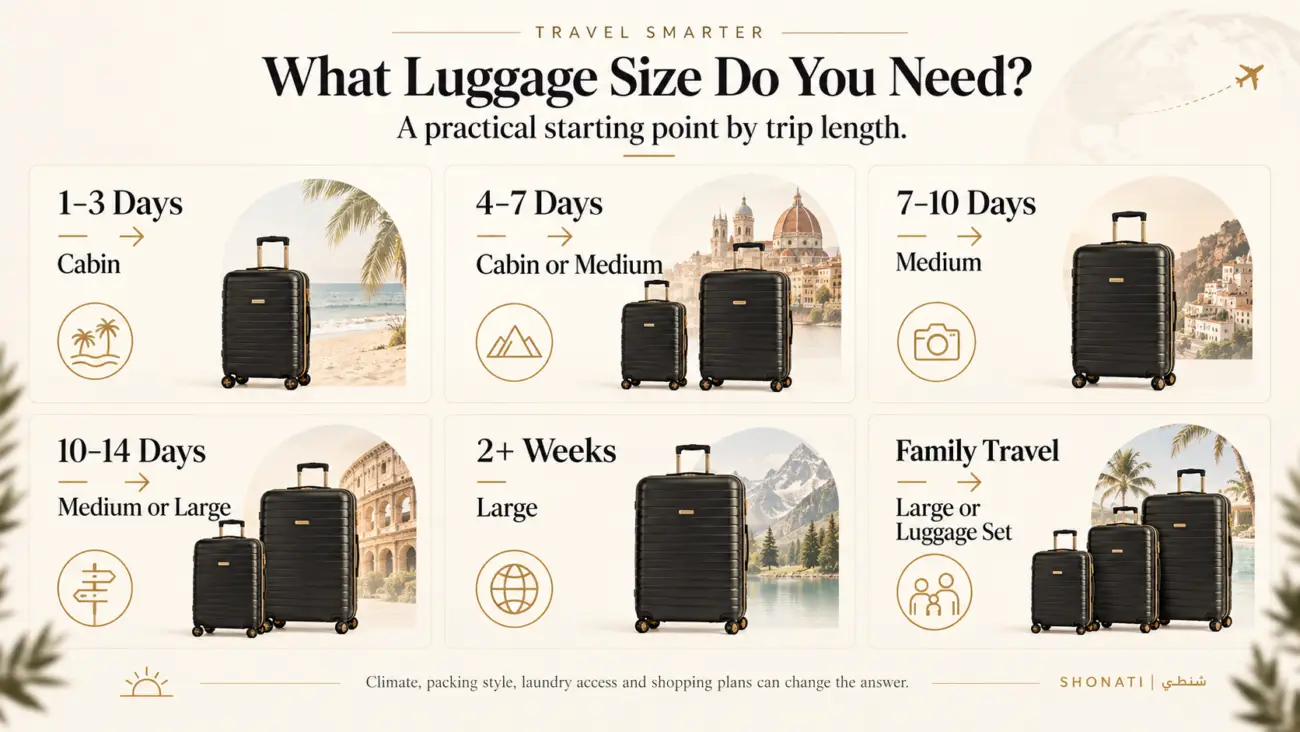 Luggage size by trip length from 1 day to 2 weeks