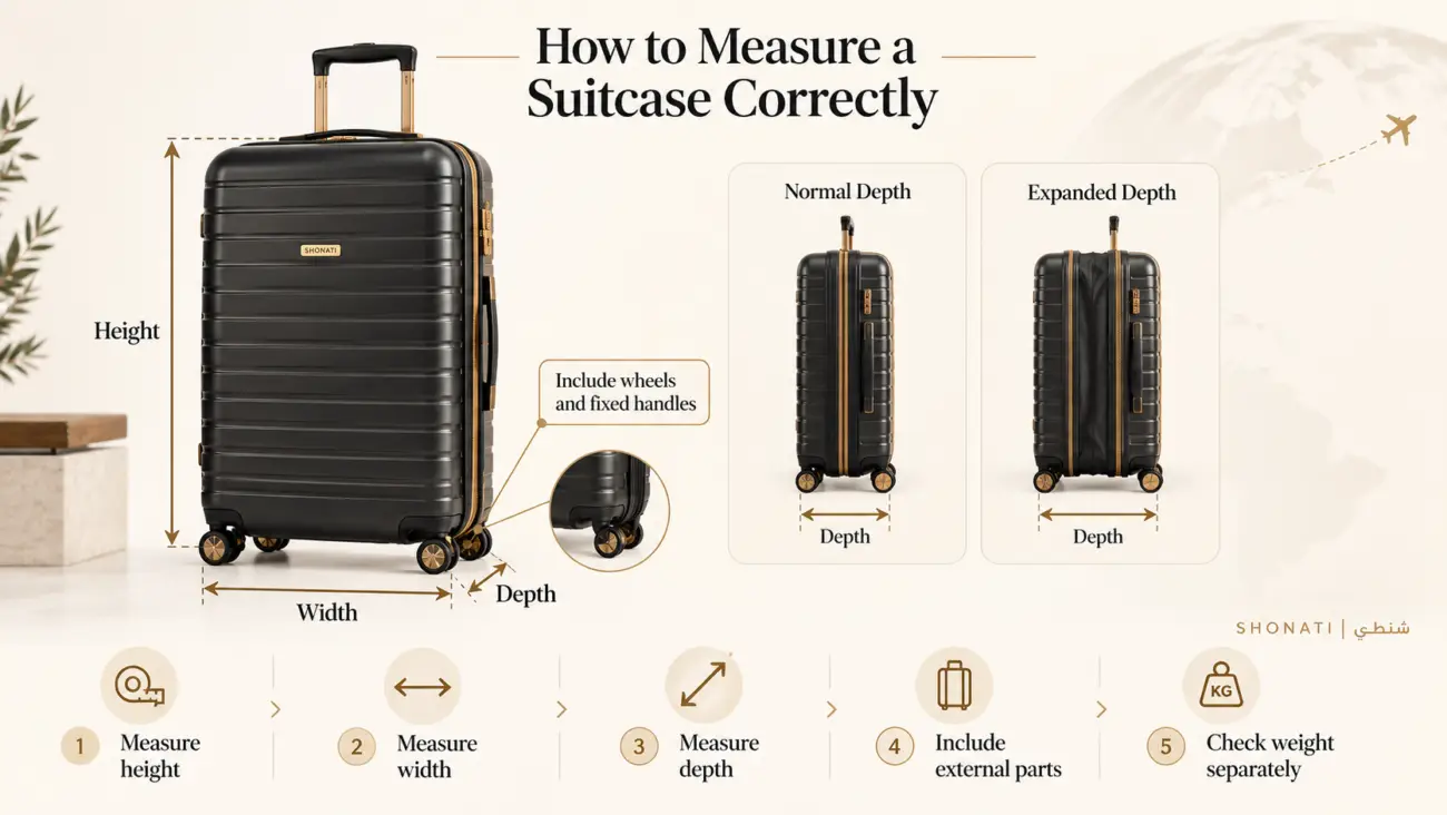 How to measure luggage height width and depth including wheels