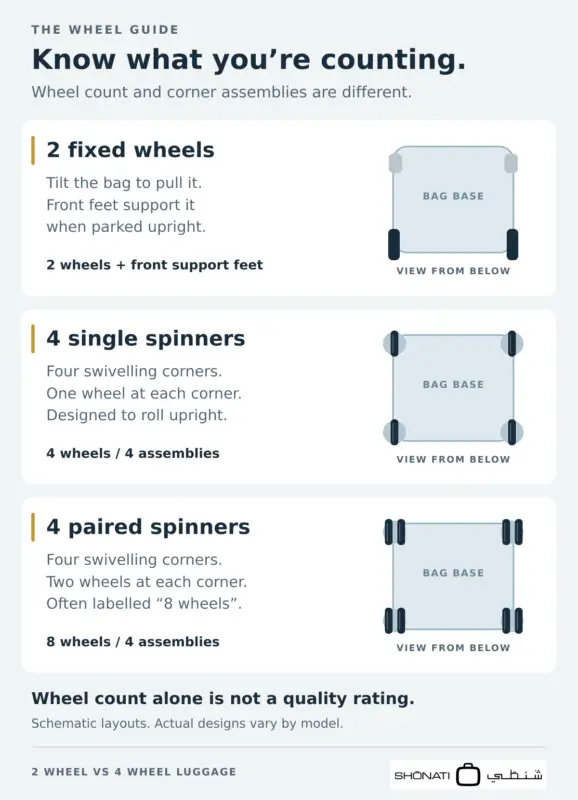 Underside diagrams showing two fixed wheels, four single spinners and four paired spinner assemblies with eight wheels.