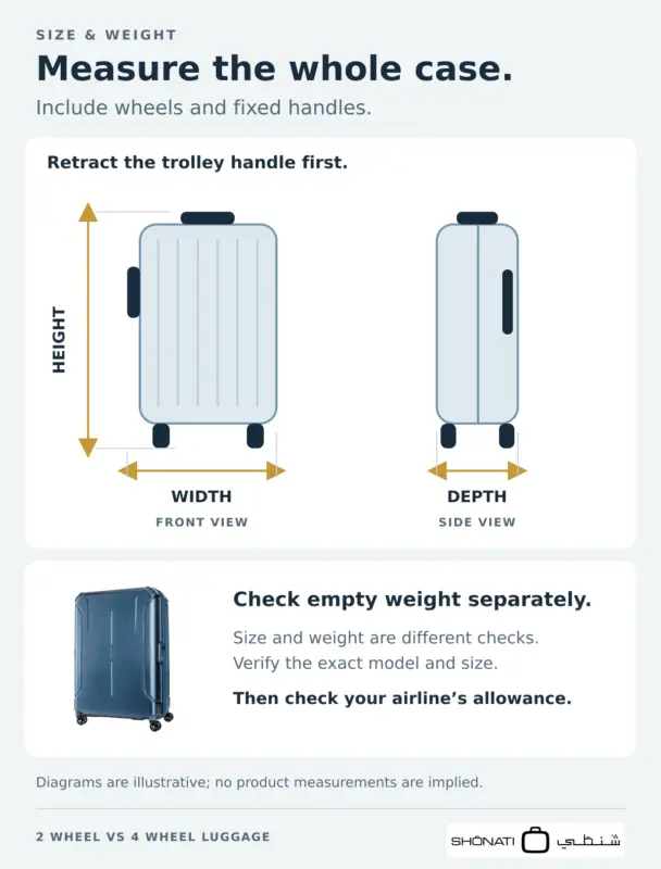 Suitcase height, width and depth diagrams including wheels and fixed handles, with a separate reminder to check empty weight.