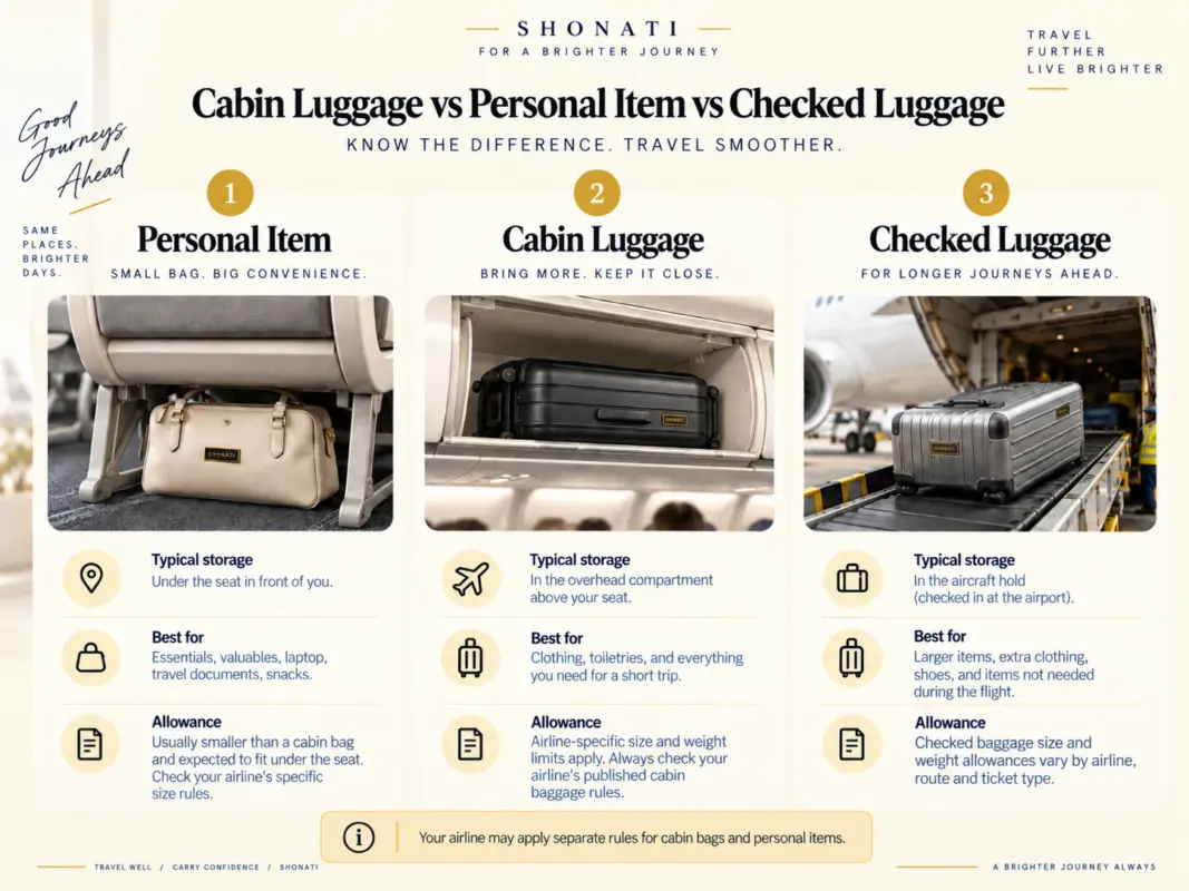 Cabin luggage vs personal item vs checked luggage visual guide