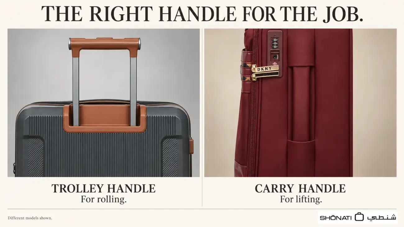 PRESIDENT 4224 trolley handle on the left and a wine DKNY Cameo side carry handle on the right.