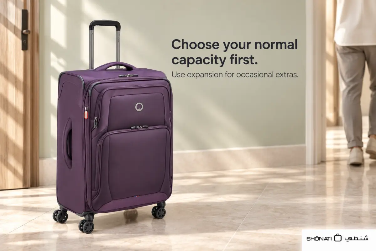 Purple DELSEY Optimax Lite suitcase by a doorway, with a traveller in the background.