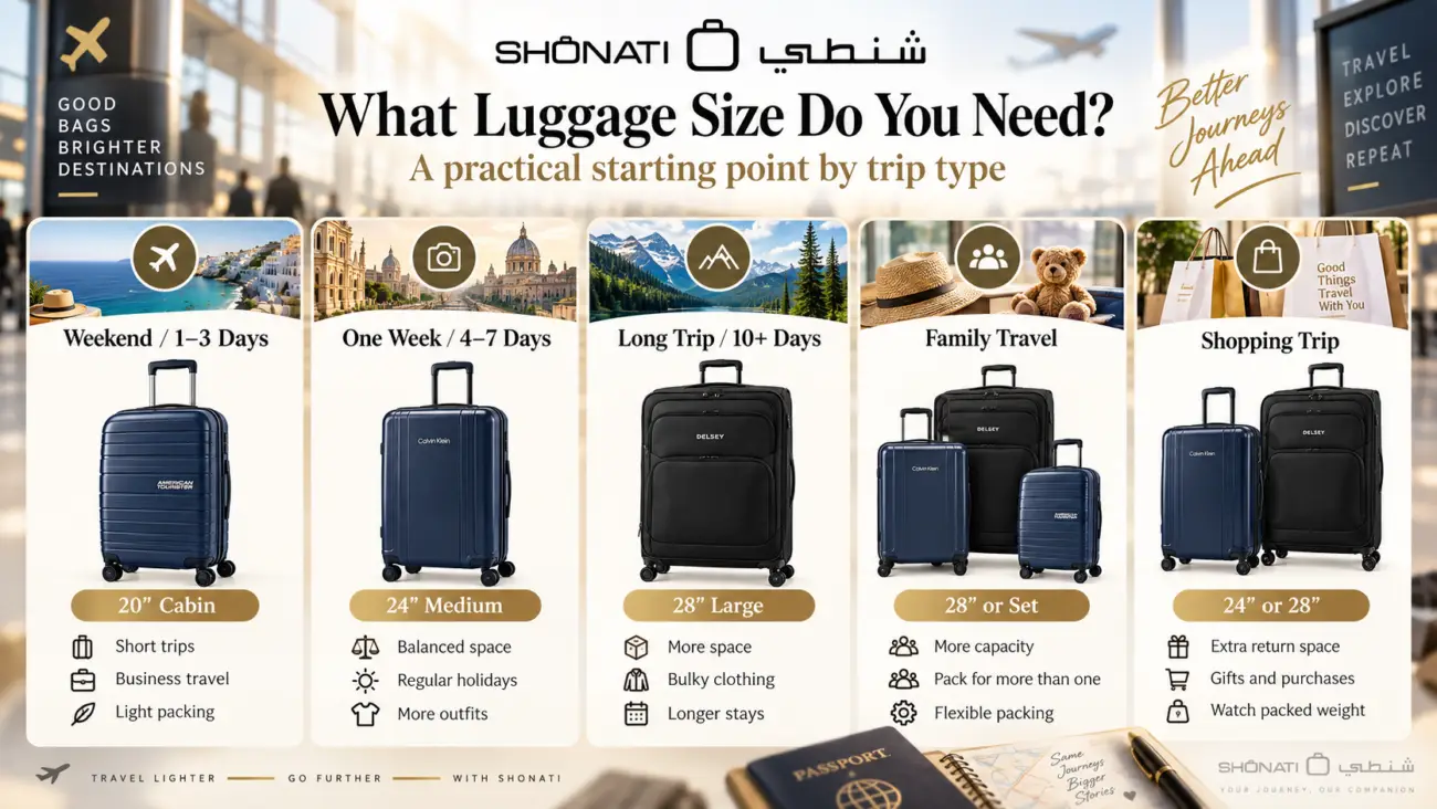 Luggage size guide by trip type including weekend one-week long family and shopping trips