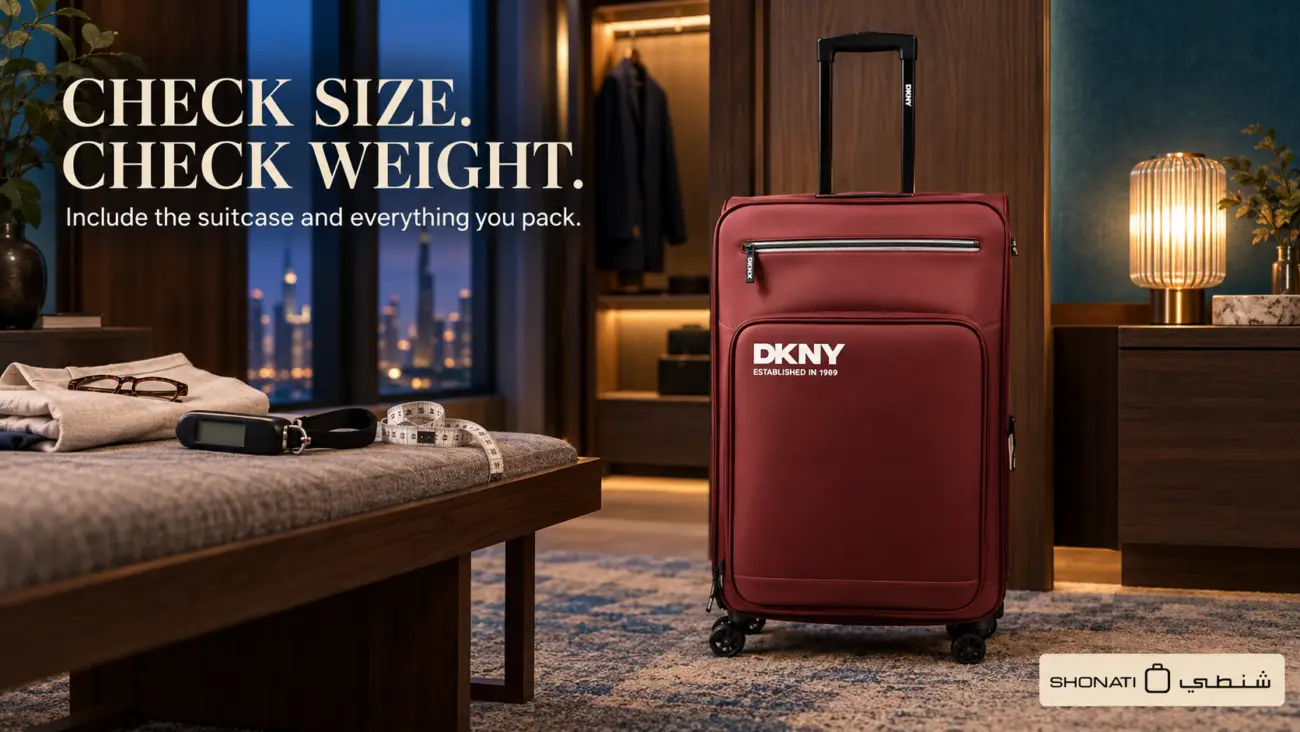 Dark red DKNY Established softside suitcase beside a luggage scale and measuring tape in a hotel-style room.