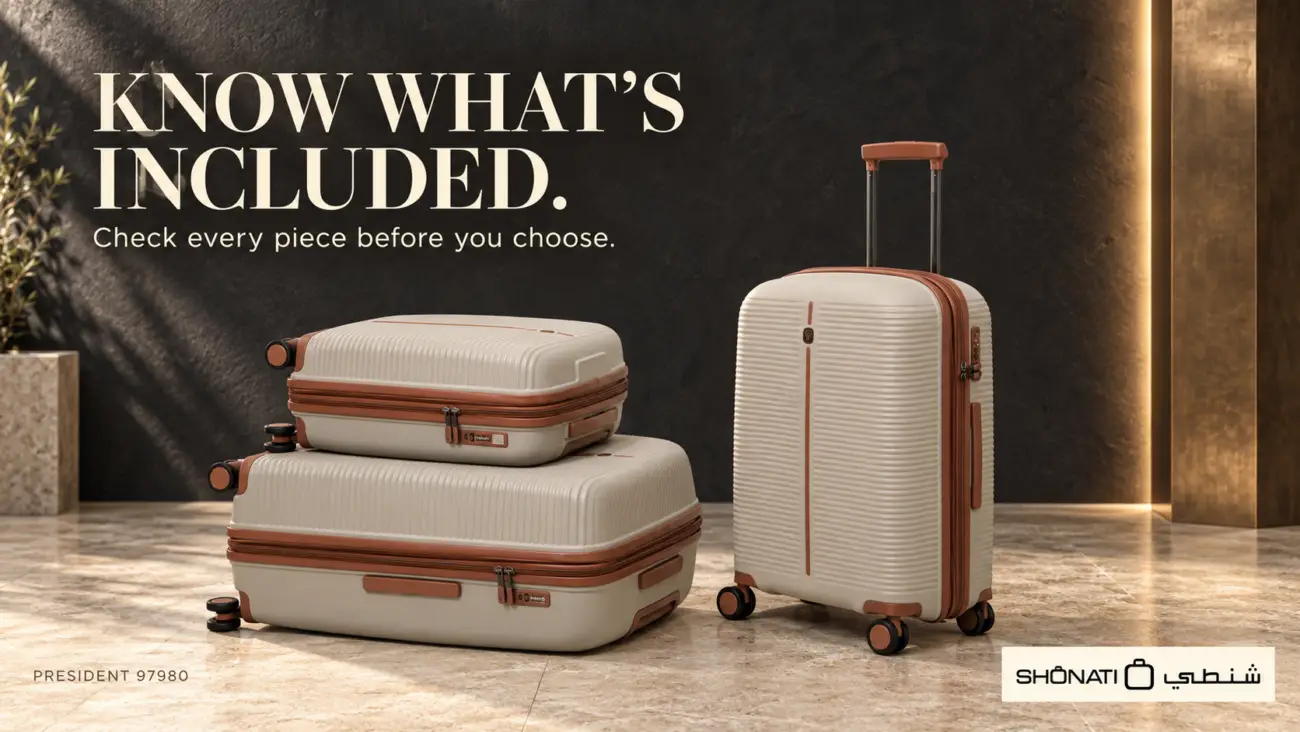 Three beige PRESIDENT 97980 suitcases: two stacked horizontally and one upright, with cognac trim.