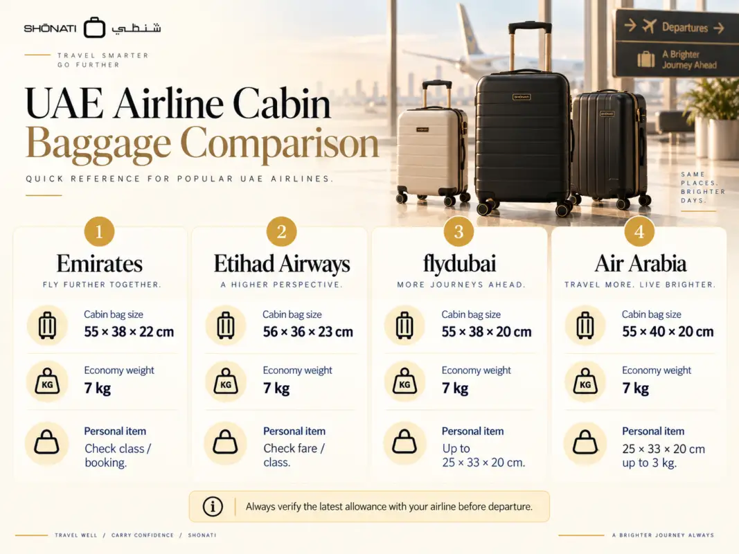 Emirates Etihad flydubai and Air Arabia cabin baggage size comparison
