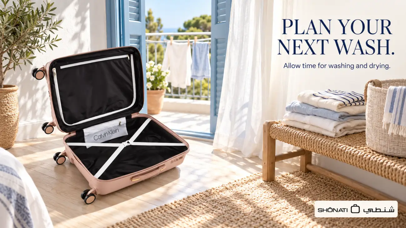 Open pink Calvin Klein suitcase with black lining and white straps beside folded clothes and drying laundry.