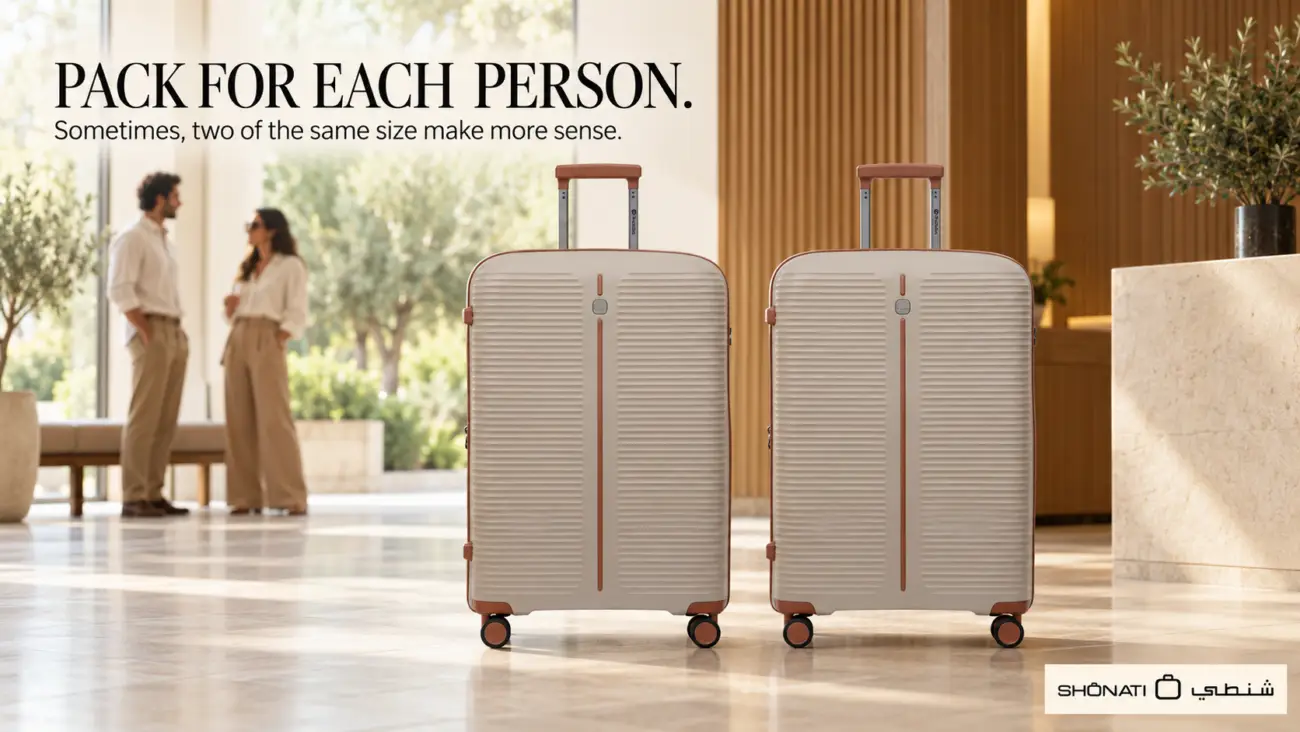 Two matching beige PRESIDENT 97980 suitcases with two travellers blurred in the background.