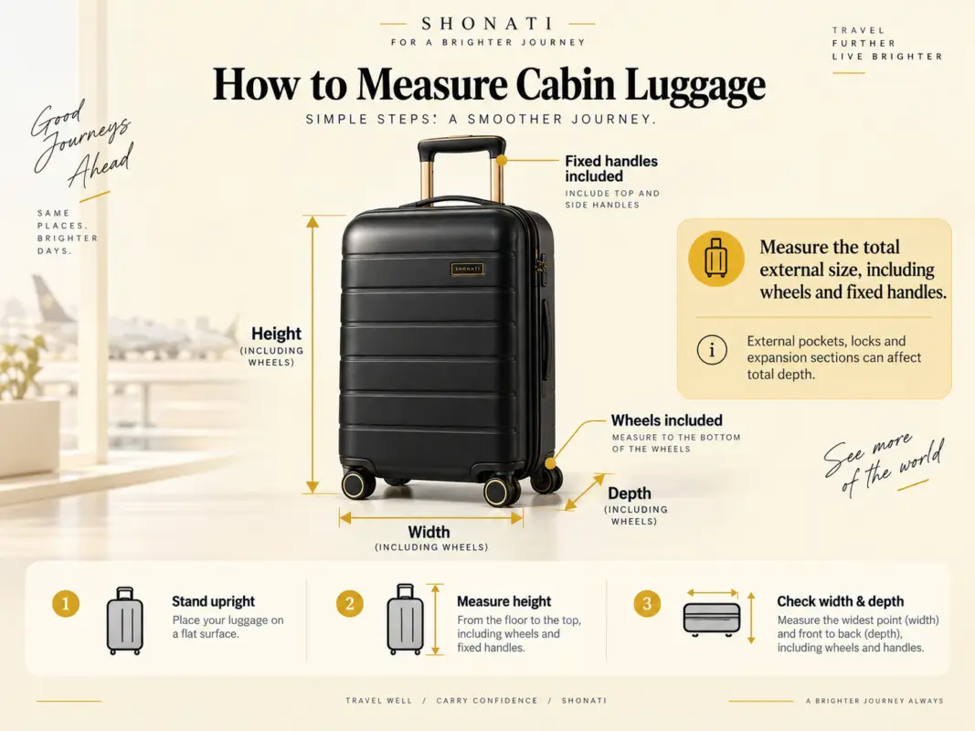 How to measure cabin luggage including wheels handles height width and depth