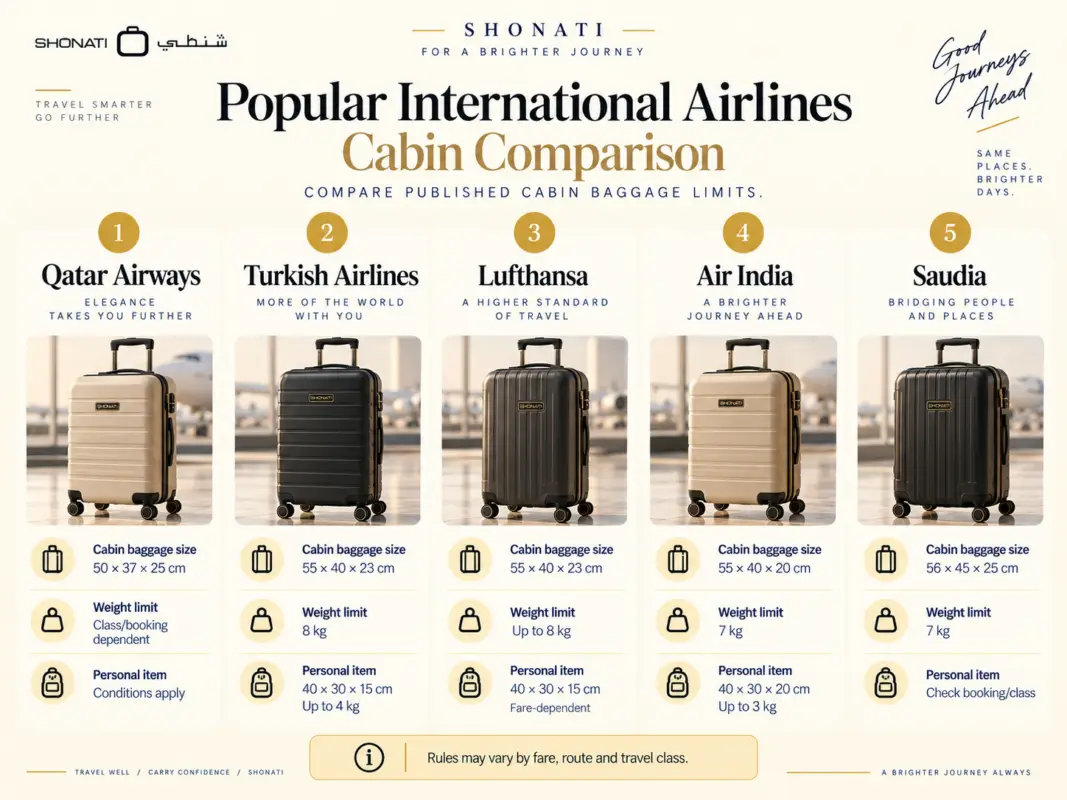 Qatar Airways Turkish Airlines Lufthansa Air India and Saudia cabin baggage comparison