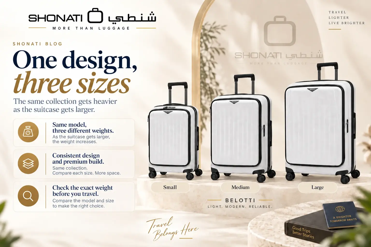 Illustrated small medium and large BELOTTI luggage sizes