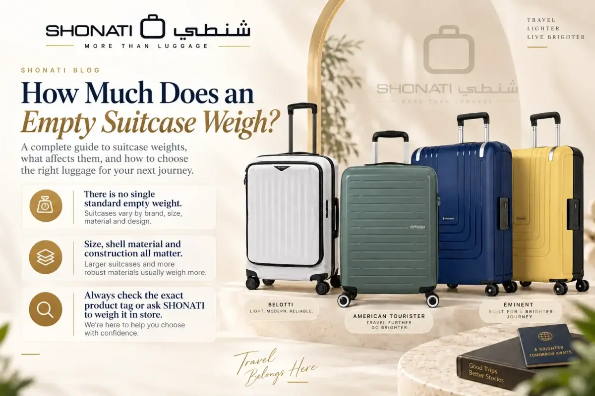 Illustrated empty suitcase weight guide comparing luggage styles and brands at SHONATI