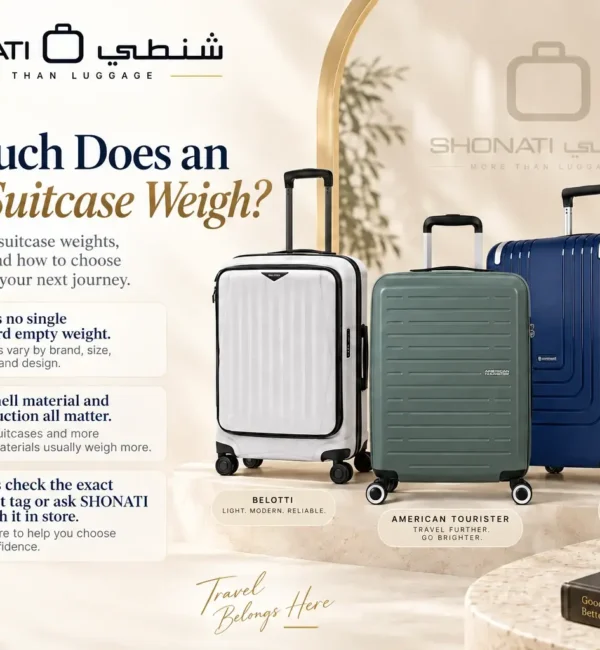 Illustrated empty suitcase weight guide comparing luggage styles and brands at SHONATI