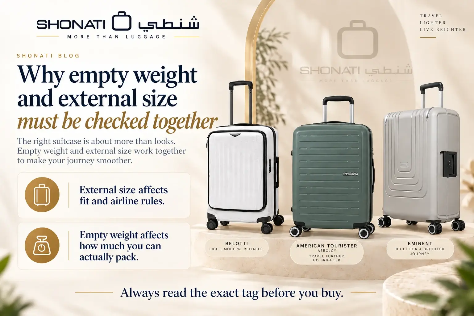 Empty suitcase weight and full external dimensions checked together