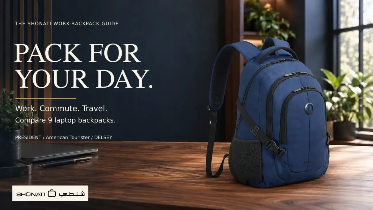 Navy DELSEY Element Navigator on a walnut worktable beside the words Pack for your day.