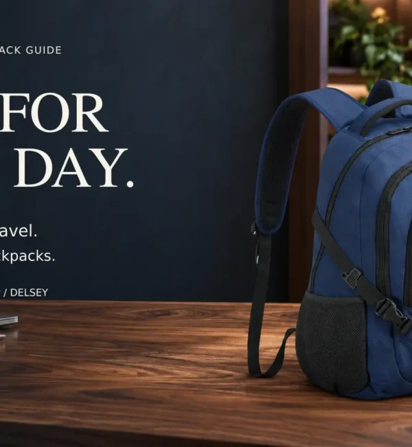 Navy DELSEY Element Navigator on a walnut worktable beside the words Pack for your day.