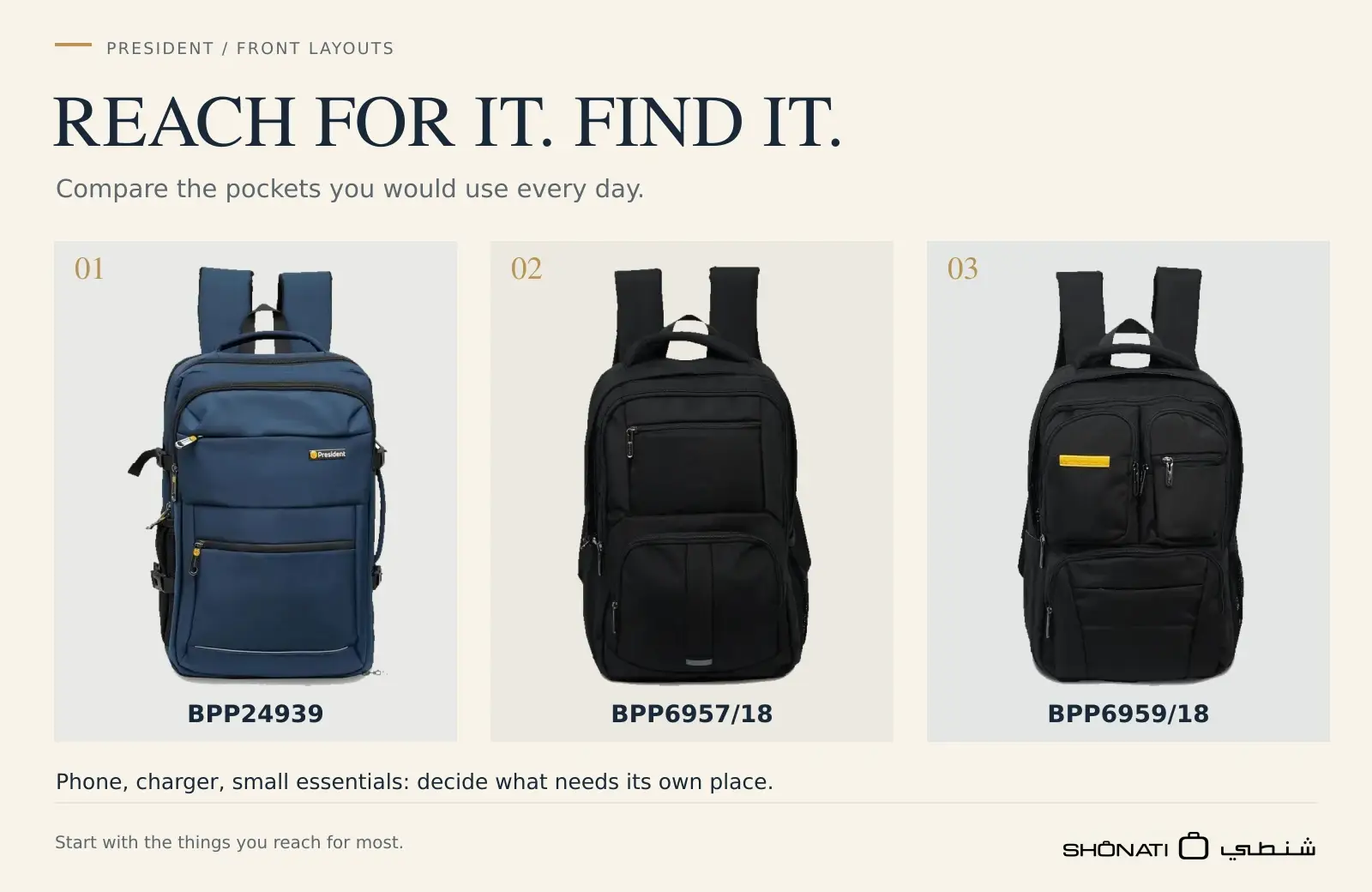 Front views of the navy PRESIDENT BPP24939 and black BPP6957/18 and BPP6959/18, showing their different pocket layouts.