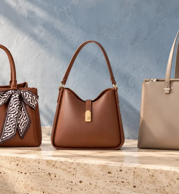 Three David Jones handbags in brown and taupe with different shapes and handle lengths on a stone console.