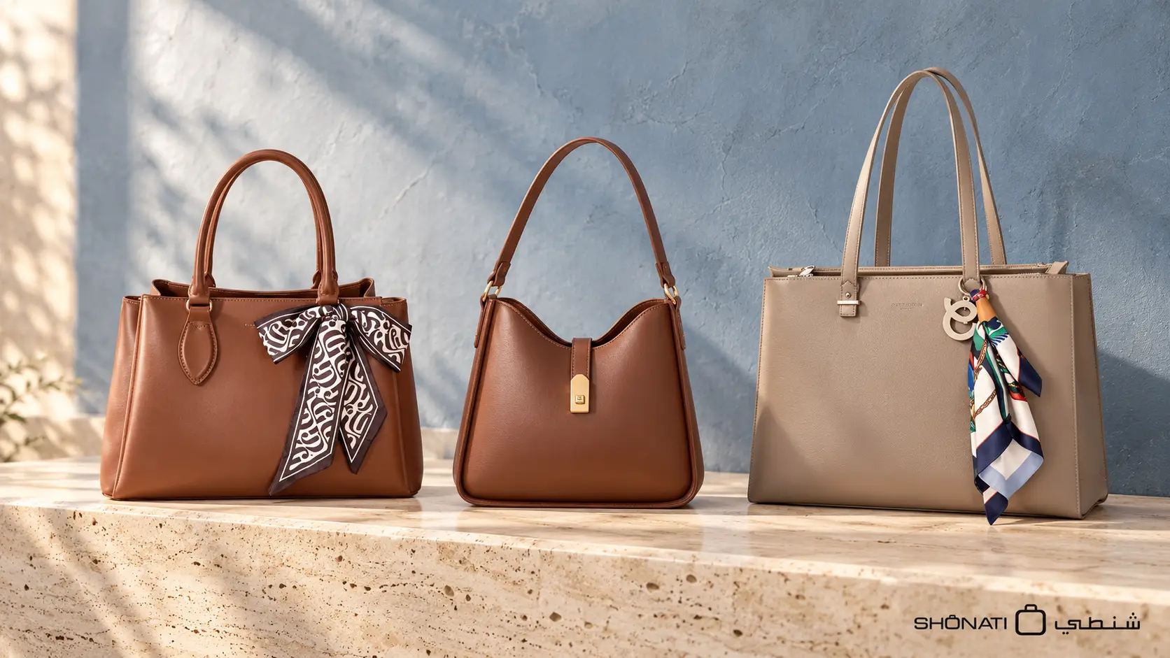 Three David Jones handbags in brown and taupe with different shapes and handle lengths on a stone console.