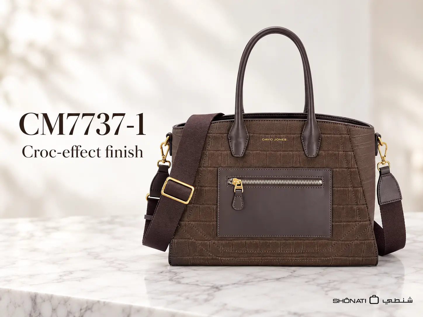 Dark chocolate David Jones Navy CM7737-1 handbag showing croc-effect embossing and smooth contrasting panels