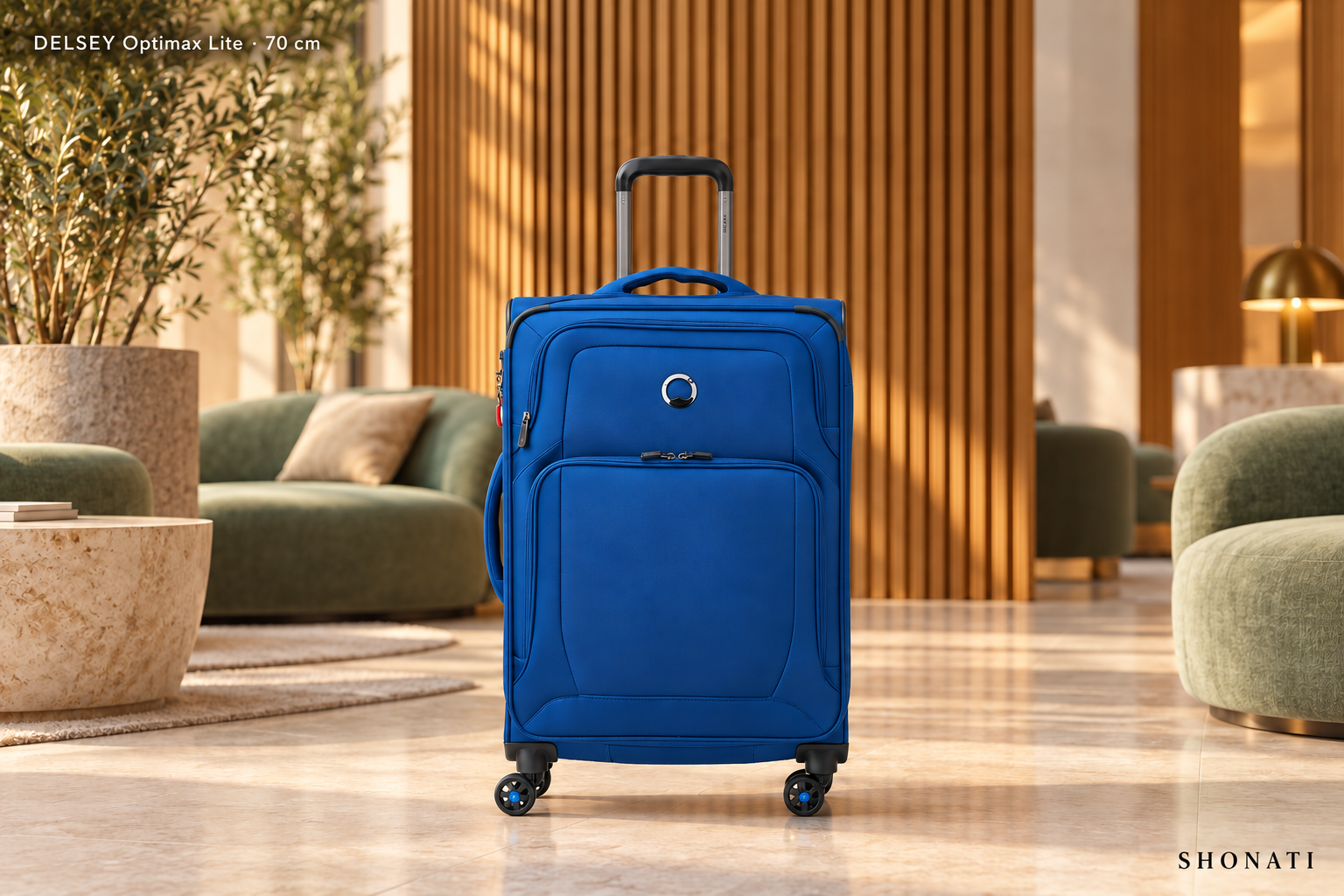 DELSEY Optimax Lite · 70 cm Blue DELSEY Optimax Lite suitcase beside warm wooden architectural panels