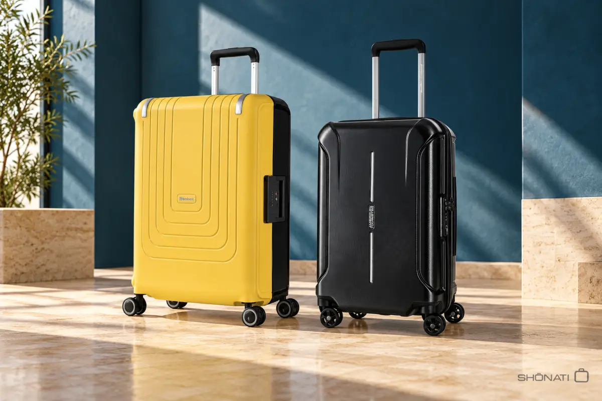 Yellow Eminent Vertica and black American Tourister Technum suitcases side by side against a blue background