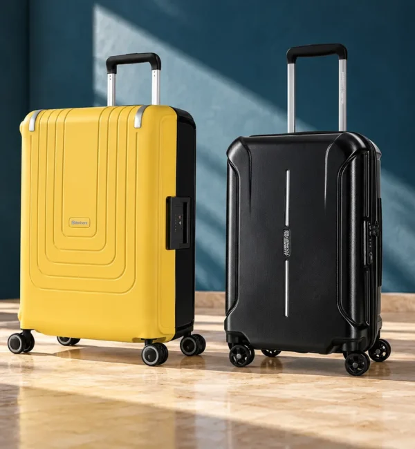 Yellow Eminent Vertica and black American Tourister Technum suitcases side by side against a blue background