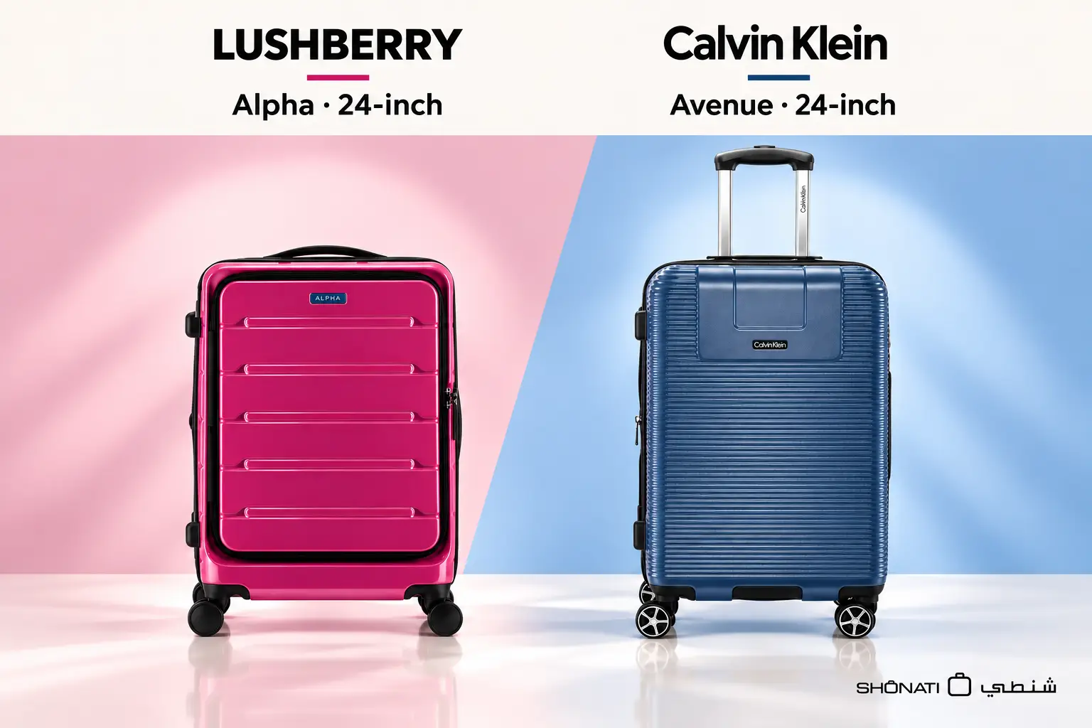 Ruby LUSHBERRY Alpha 24-inch and navy Calvin Klein Avenue 24-inch suitcases with brand and model labels