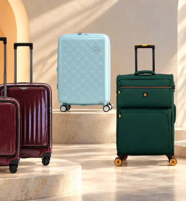 Wine-red BELOTTI luggage set, mint American Tourister Paxtra, green it Luggage Compartment and navy Calvin Klein Avenue