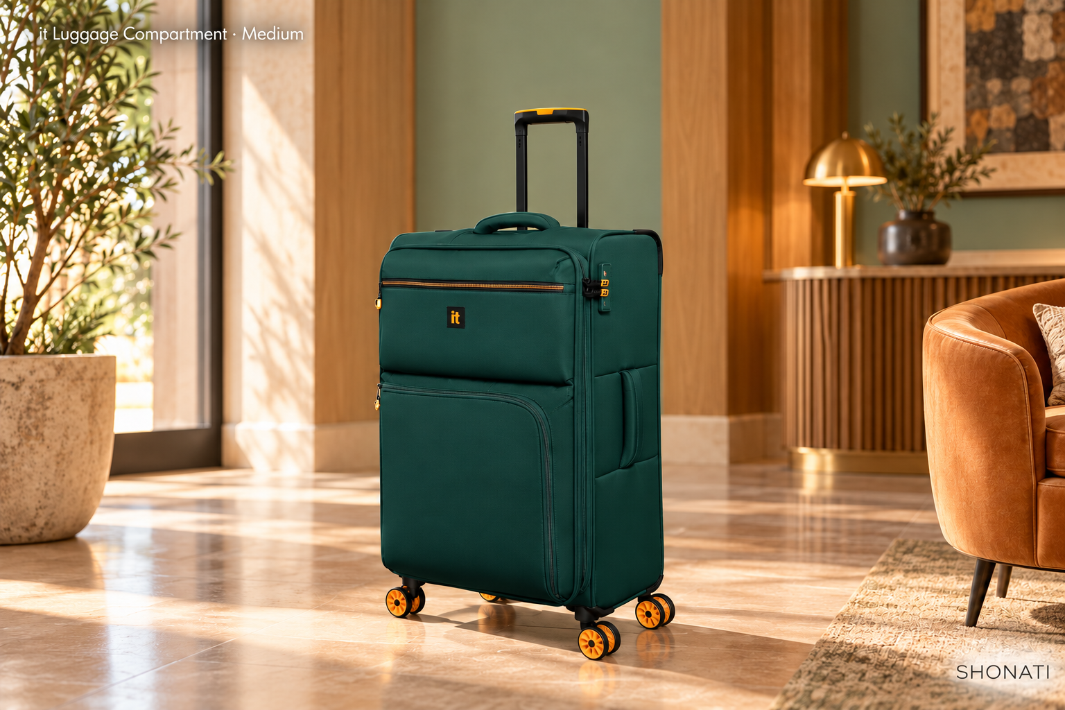 it Luggage Compartment · Medium Green it Luggage Compartment Medium suitcase in a warm sunlit lounge