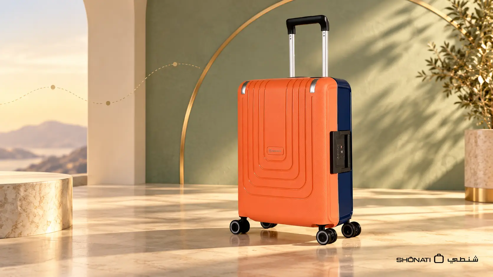 Orange and dark-blue Eminent Vertica suitcase in a cream and sage editorial setting.