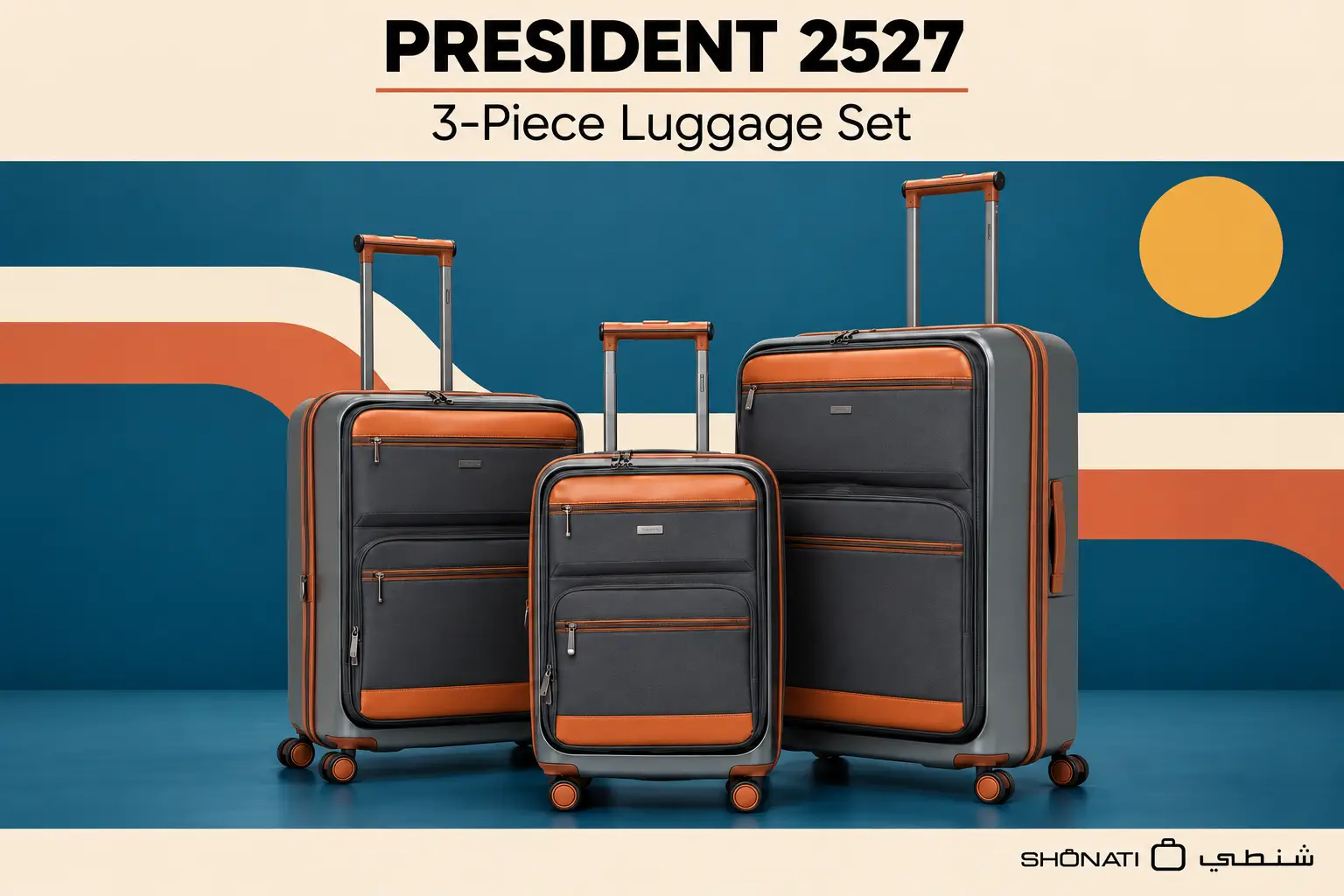 PRESIDENT 2527 three-piece luggage set in grey with brown trim, shown with a model label
