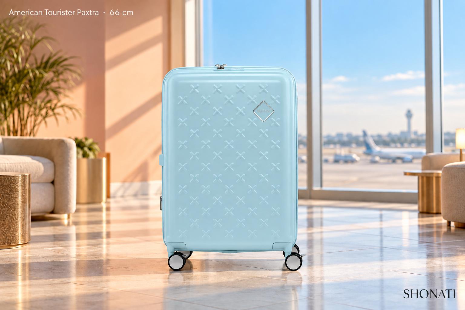 American Tourister Paxtra · 66 cm Mint American Tourister Paxtra suitcase in a bright airport-inspired setting