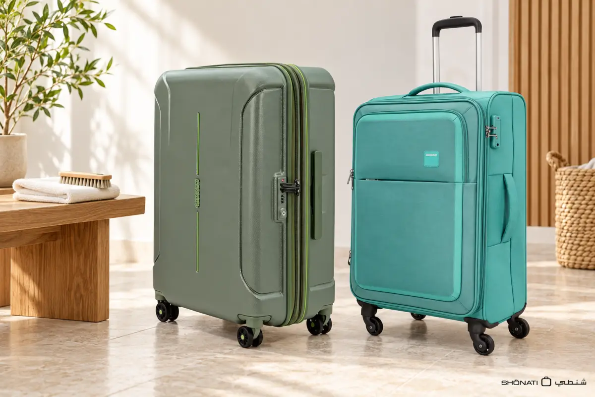 Olive hard-shell and turquoise fabric suitcases beside a folded cloth and soft brush.