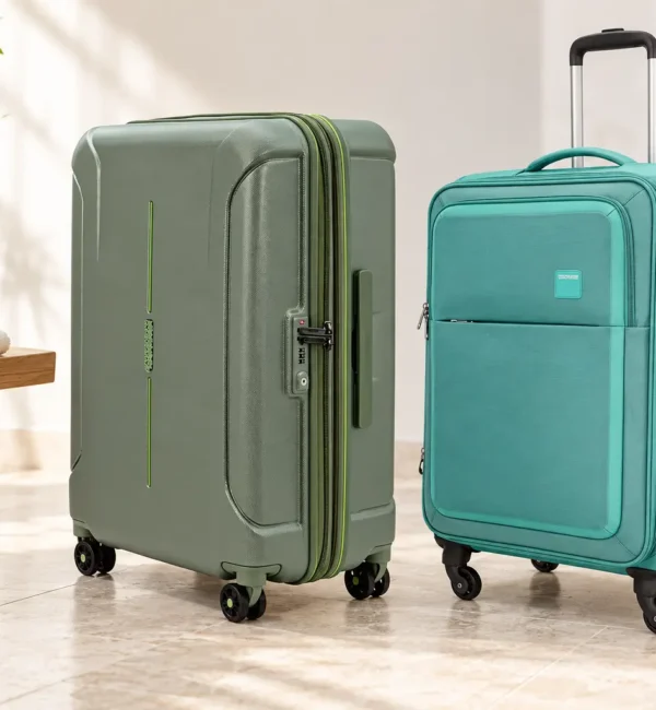 Olive hard-shell and turquoise fabric suitcases beside a folded cloth and soft brush.