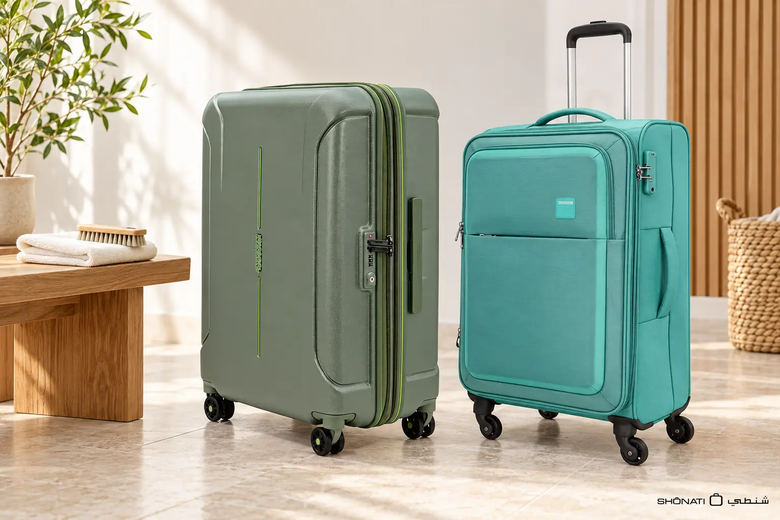 Olive hard-shell and turquoise fabric suitcases beside a folded cloth and soft brush.